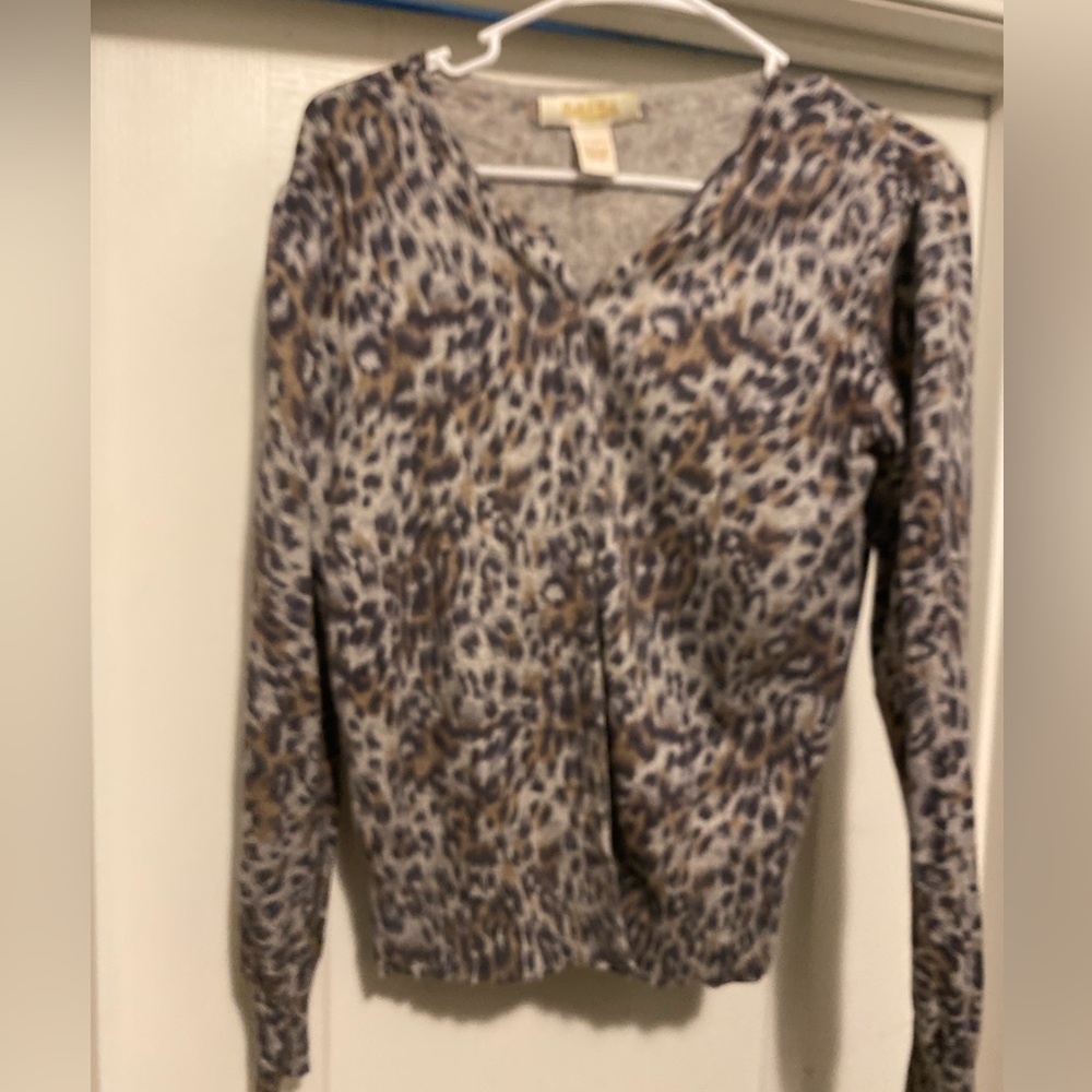 Women's Leopard Print Gray Long Sleeve Cashmere Silk Cardigan in Size Large - Picture 1 of 7